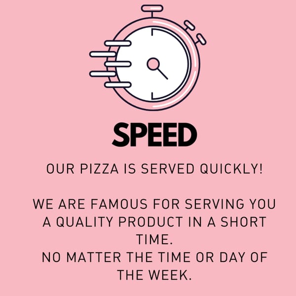 A pink background with a stopwatch icon and text about fast pizza service.