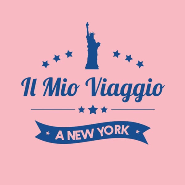 Blue text "Il Mio Viaggio a New York" with Statue of Liberty and stars on pink background.