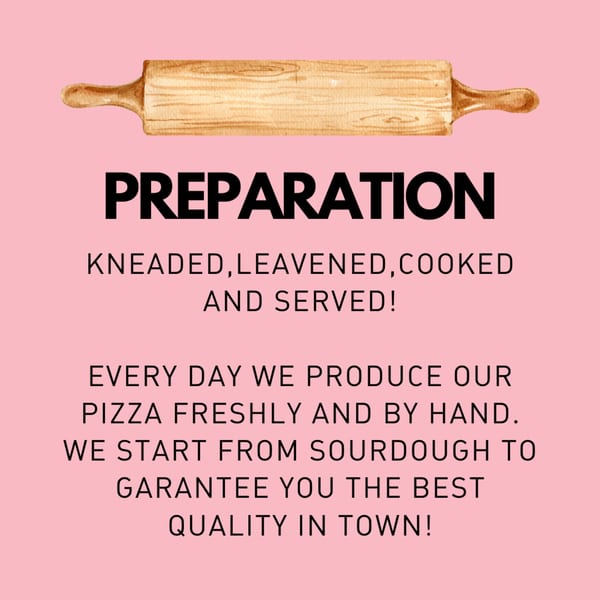 A wooden rolling pin above text describing pizza preparation on a pink background.