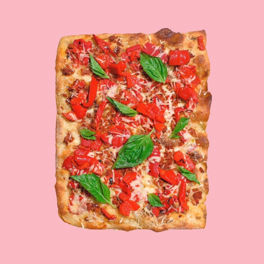 Vegan Sausage Pizza.