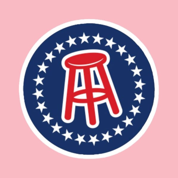 Barstool Sports logo, a red stool inside a blue circle with white stars, on a pink background.